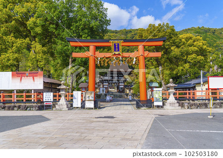 松尾大社(京都市西京區嵐山宮町)的紅色鳥居在藍天映襯下熠熠生輝。 松尾大社(京都市西京區嵐山宮町)的紅色鳥居在藍天映襯下熠熠生輝。 102503180