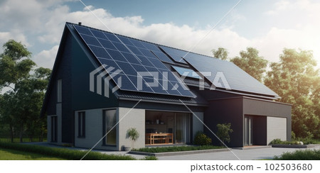 Solar panel on home roof of suburban villa clean sustainable electrical source 102503680