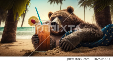 grizzly is on summer vacation at seaside resort and relaxing on summer beach grizzly is on summer vacation at seaside resort and relaxing on summer beach 102503684