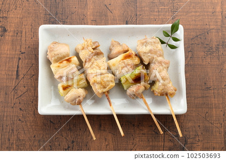 Yakitori Salt Sauce White Plate High Angle 102503693