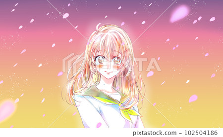 水手服女學生微笑淚落櫻花上半身黃昏 102504186