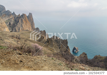Top view of Golden Gate rock in the Black sea. Karadag Reserve in spring . Crimea 102504377
