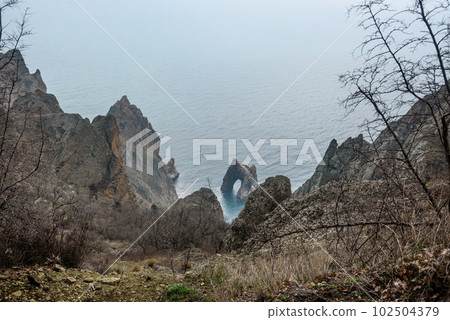 Top view of Golden Gate rock in the Black sea. Karadag Reserve in spring . Crimea 102504379
