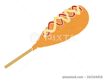 Illustration of a corn dog with mustard and ketchup (print style) 102504858