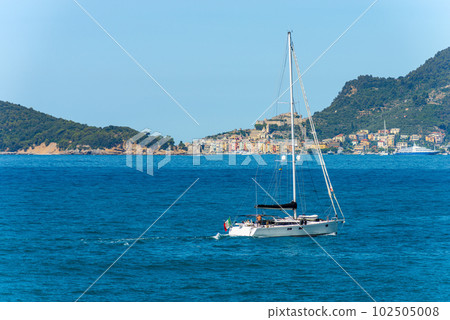 Sailing Boat in Motion in Front of Porto Venere - Liguria Italy Sailing Boat in Motion in Front of Porto Venere - Liguria Italy 102505008