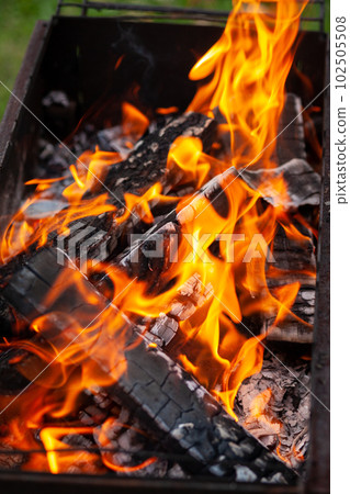 The firewood in the grill burns with a bright orange flame of fire 102505508