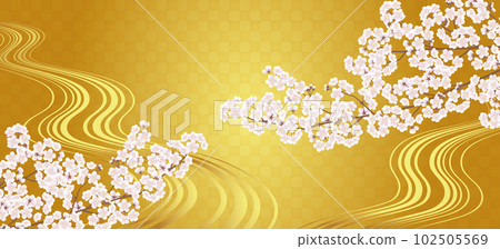 Gold leaf, running water and cherry blossoms Japanese style background Gold leaf, running water and cherry blossoms Japanese style background 102505569