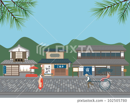 老字號商店在聯排別墅中排列,這是日本古老的街道景觀 老字號商店在聯排別墅中排列,這是日本古老的街道景觀 102505780