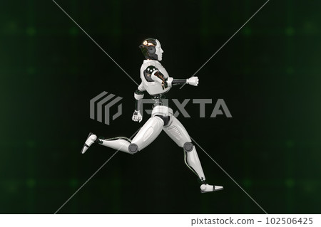 Futuristic world robots are running. Presentation of technology with robots. 3d rendering action of robot. Futuristic world robots are running. Presentation of technology with robots. 3d rendering action of robot. 102506425
