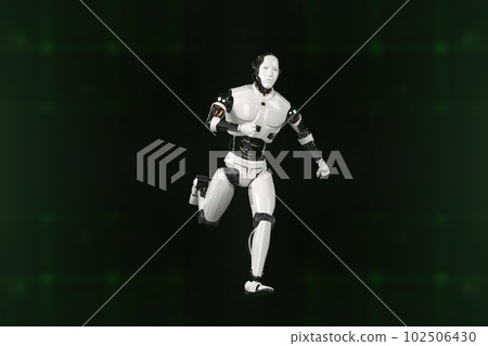 Futuristic world robots are running. Presentation of technology with robots. 3d rendering action of robot. Futuristic world robots are running. Presentation of technology with robots. 3d rendering action of robot. 102506430