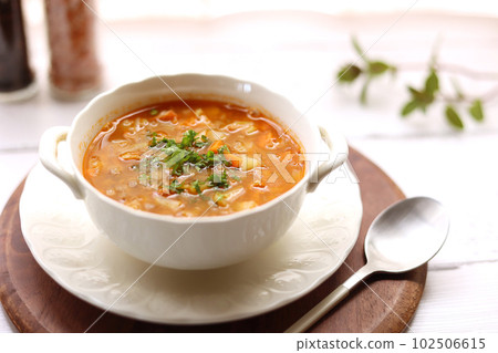 蔬菜通心粉湯配扁豆和蔬菜 102506615