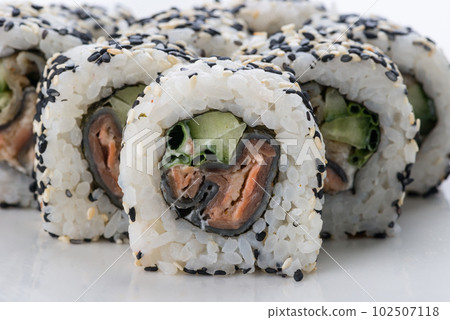 Japanese food restaurant, sushi maki gunkan roll plate or platter set. Sushi set and composition 102507118