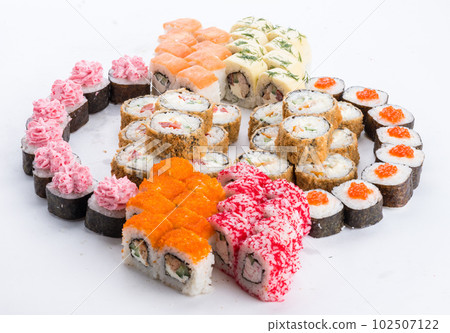 Japanese food restaurant, sushi maki gunkan roll plate or platter set. Sushi set and composition 102507122