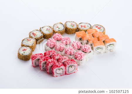 Japanese food restaurant, sushi maki gunkan roll plate or platter set. Sushi set and composition Japanese food restaurant, sushi maki gunkan roll plate or platter set. Sushi set and composition 102507125