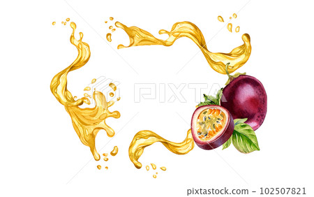 Frame of tropical fruits and juice splash watercolor illustration isolated on white background. Piece of maracuya hand drawn. Design for packaging, menu, recipe, smothies, ice-cream, label, tableware Frame of tropical fruits and juice splash watercolor illustration isolated on white background. Piece of maracuya hand drawn. Design for packaging, menu, recipe, smothies, ice-cream, label, tableware 102507821