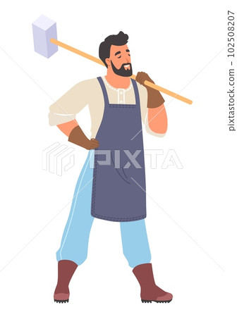 Blacksmith worker standing with huge sledgehammer isolated on white 102508207