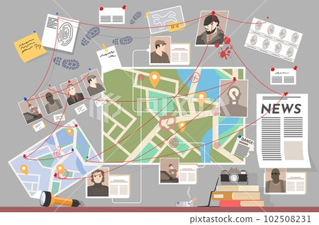 Detective board with pined evidence and investigation plan vector illustration 102508231