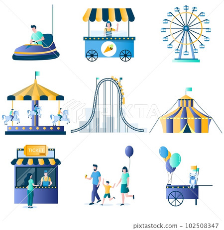 Amusement park attractions vector flat icon set 102508347