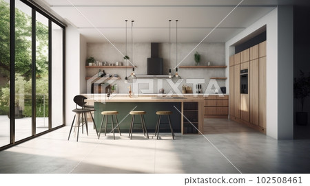 Minimalism interior of a large bright living room, light walls, wooden furniture, large windows Minimalism interior of a large bright living room, light walls, wooden furniture, large windows 102508461
