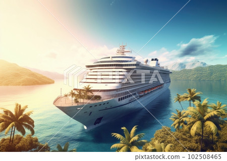 Cruise ship with swimming pool, in the port with palm trees with beautiful sunlight. 102508465