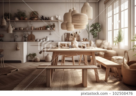 Cozy boho style kitchen with wooden furniture, wicker decor elements, natural materials, eco space Cozy boho style kitchen with wooden furniture, wicker decor elements, natural materials, eco space 102508476