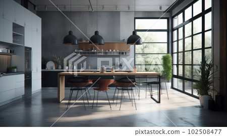 Large bright living room with a kitchen, marble elements, a large number of chairs, large windows, a view of the garden from the windows. 102508477