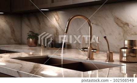 Water faucet with sink in the kitchen marble finish, modern kitchen interior design 102508549