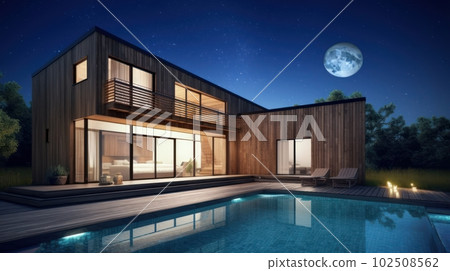 Modern country house, flat roof, swimming pool, lawn, night light 102508562