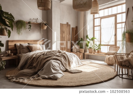 Boho style bedroom, Bed with pillows, wooden furniture, plants in pots, an armchair and curtains on large windows in a cozy bedroom interior, natural materials, linen, wood, cotton. 102508563