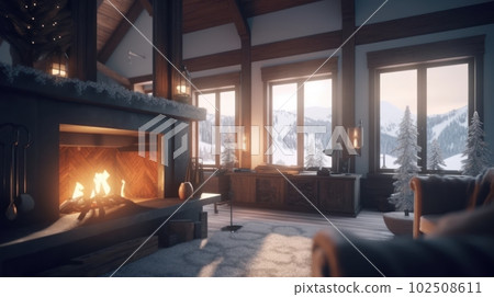 Interior of a country wooden house with a fireplace with skins on the floor. Interior of a country wooden house with a fireplace with skins on the floor. 102508611