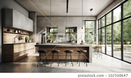 Large bright living room with a kitchen, marble elements, a large number of chairs, large windows, a view of the garden from the windows. 102508647