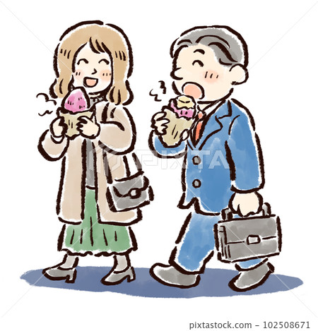 Hand-drawn illustration of a working couple eating baked sweet potato Hand-drawn illustration of a working couple eating baked sweet potato 102508671