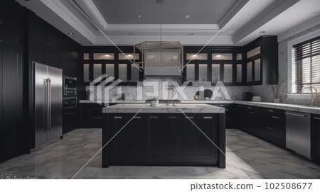 Luxury kitchen dark wood and marble, beautiful modern kitchen with dark wood fronts and marble floors and countertops 102508677