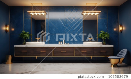 Luxury bathroom in art deco style, emerald green walls, marble sinks, walls, modern interior, gold framed mirrors Luxury bathroom in art deco style, emerald green walls, marble sinks, walls, modern interior, gold framed mirrors 102508679