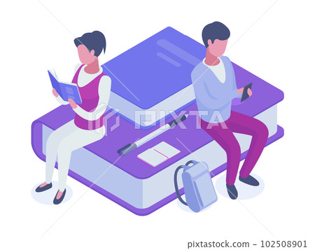 People reading books. Isometric students education, man and woman reading on huge books pile. Book library concept 3d vector illustration 102508901