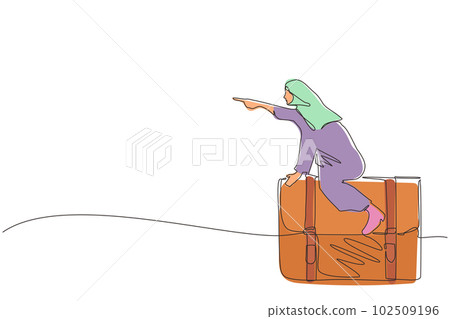 Continuous one line drawing Arabian businesswoman flying on leather business briefcase. Leadership and attack. Business person move achieve success. Single line draw design vector graphic illustration 102509196