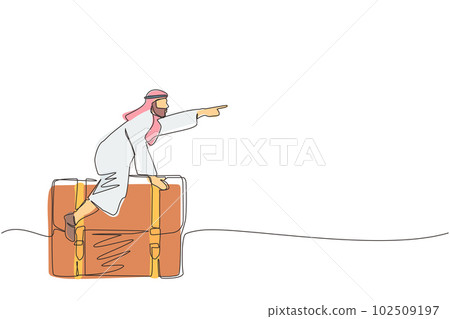 Single continuous line drawing Arabian businessman flying on leather business briefcase. Leadership and attack. Business person move achieve success. One line draw graphic design vector illustration 102509197