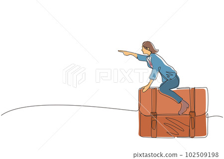 Single continuous line drawing active businesswoman flying on leather business briefcase. Leadership and attack. Business person move achieve success. One line draw graphic design vector illustration Single continuous line drawing active businesswoman flying on leather business briefcase. Leadership and attack. Business person move achieve success. One line draw graphic design vector illustration 102509198
