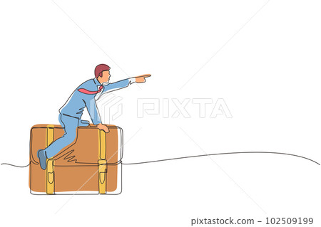 Single one line drawing businessman flying on leather business briefcase. Leadership and attack. Business person move achieve success. Modern continuous line draw design graphic vector illustration 102509199