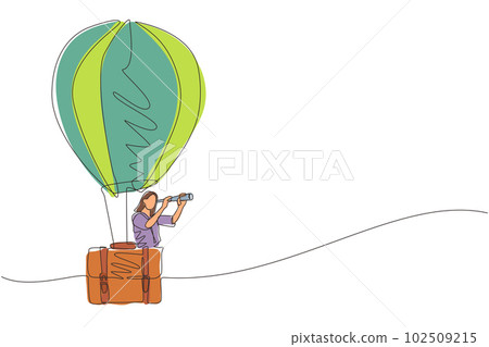 Single continuous line drawing businesswoman looking through telescope in hot air balloon briefcase. Female in suitcase balloon search to success. Business travel. One line draw graphic design vector 102509215