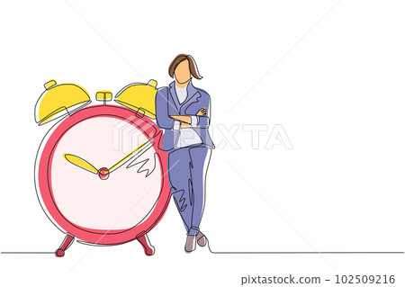 Single one line drawing cute businesswoman, manager or employee stand leaning to big clock. Concept of time management. Time, watch, limited offer, deadline symbol. Continuous line draw design vector 102509216
