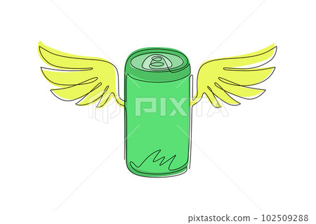Continuous one line drawing soda can with wings. Flying soda concept. Food in doodle cartoon linear style. For flyer, sticker, card, logo, icon, print, poster. Single line draw design vector graphic Continuous one line drawing soda can with wings. Flying soda concept. Food in doodle cartoon linear style. For flyer, sticker, card, logo, icon, print, poster. Single line draw design vector graphic 102509288