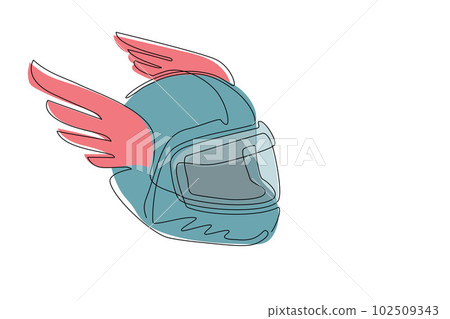 Single continuous line drawing motorbike, racing helmet with wings icon. Motorcycle race, motocross or biker club, motorsport competition with winged helmet. One line draw design vector illustration 102509343