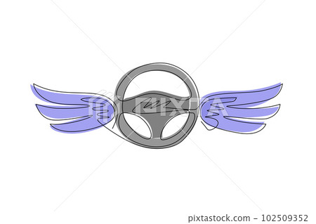 Continuous one line drawing steering wheel with wings. Driving school logo or symbol. Design flat element for emblem, sticker, badge, label, icon. Single line draw design vector graphic illustration 102509352
