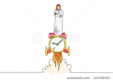 Single continuous line drawing Arabian businessman riding alarm clock rocket ship with fire, clouds. Time, watch, limited offer, deadline. Time to work. Countdown shuttle. One line draw design vector Single continuous line drawing Arabian businessman riding alarm clock rocket ship with fire, clouds. Time, watch, limited offer, deadline. Time to work. Countdown shuttle. One line draw design vector 102509367