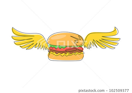 Single one line drawing burger with wings icon. Flat doodle hand drawn isolated. cheeseburger, hamburger, fast food creative concept. Modern continuous line draw design graphic vector illustration 102509377