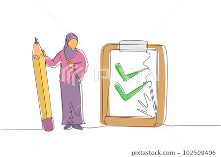 Single continuous line drawing happy smiling Arab businesswoman with pencil, clipboard, checklist completed. Business success completed plan concept. One line draw graphic design vector illustration 102509406