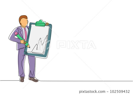 Single one line drawing businessman holding clipboard with checklist. Business success completed plan. Goal achievements planning schedule. Continuous line draw design graphic vector illustration 102509432