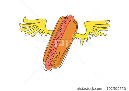 Single continuous line drawing hot dog with wings logo. Meal, delivery, cafe, fun illustration icon. Love hot dog for fast food cafe concept. Dynamic one line draw graphic design vector illustration Single continuous line drawing hot dog with wings logo. Meal, delivery, cafe, fun illustration icon. Love hot dog for fast food cafe concept. Dynamic one line draw graphic design vector illustration 102509550