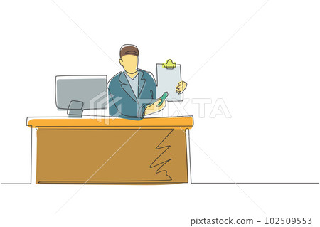 Single one line drawing smiling banking clerk showing bank credit, loan contract or mortgage agreement sitting at desk with computer. Businessman lender. Continuous line draw design graphic vector 102509553